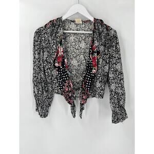 EnChante Vintage Blouse Womens Small Medium Black White Floral Polka Dot Corset